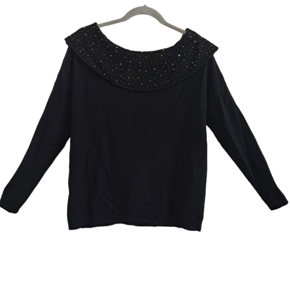 Milano Black Lightweight Wide Neck Sweater with Rhinestones Sparkle Size Large